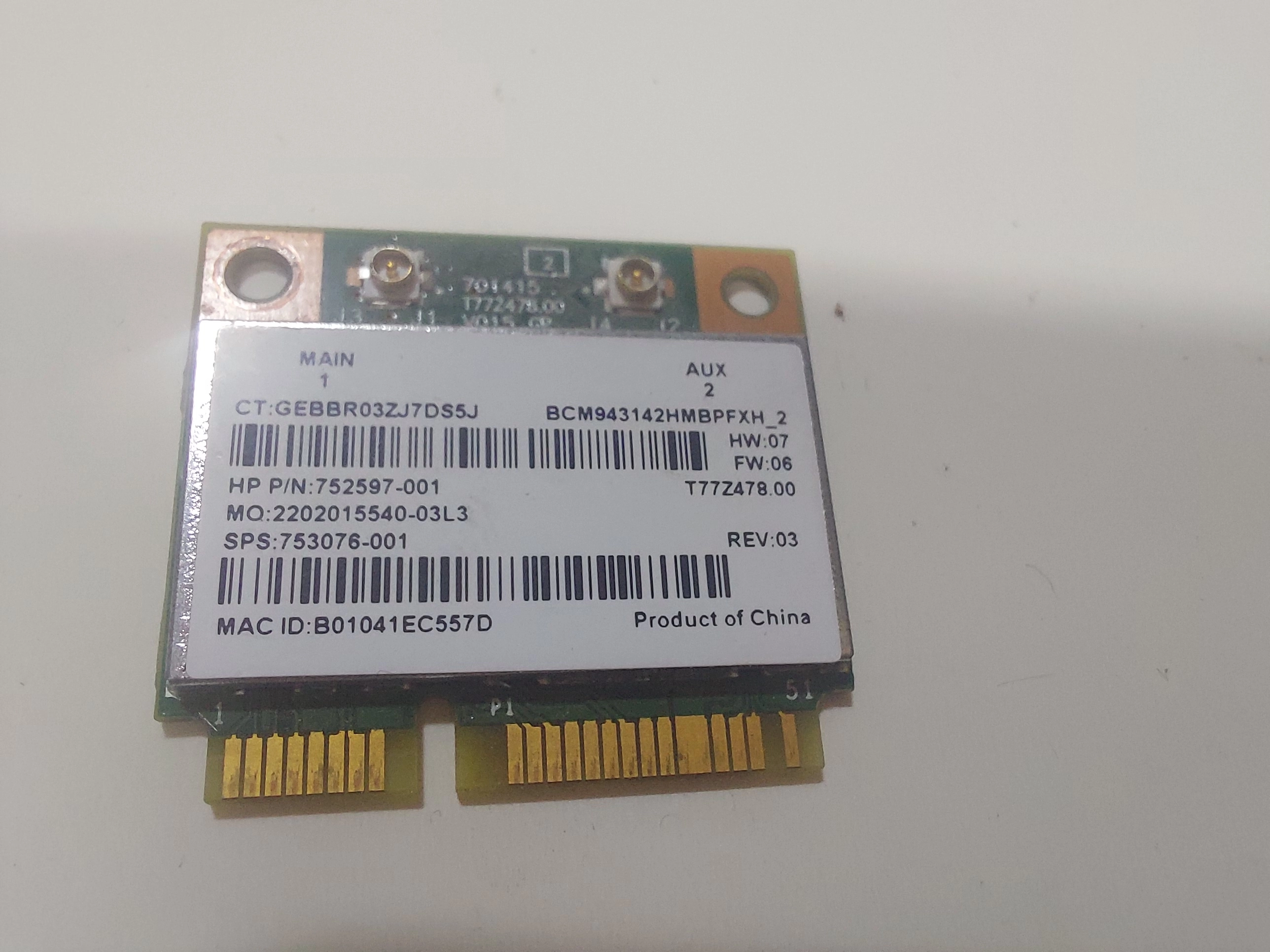 Broadcom BCM943142HM 802.11n Kablosuz Bluetooth 4.0 PCIe Yarım HP 753076-001