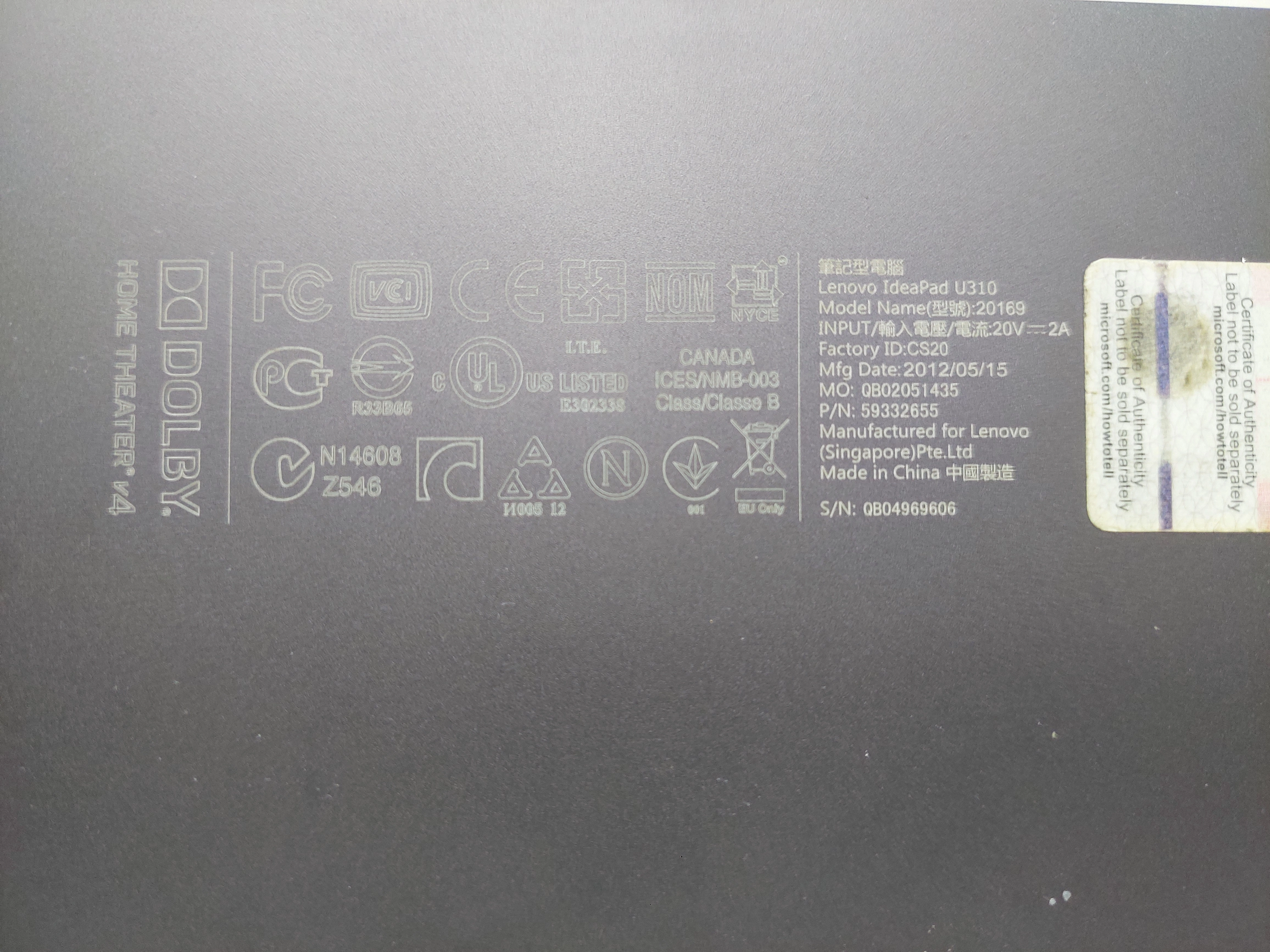 Lenovo ideapad U310 3CLZ7LCLV00 /ALT KASA  3ALZ7BALV00