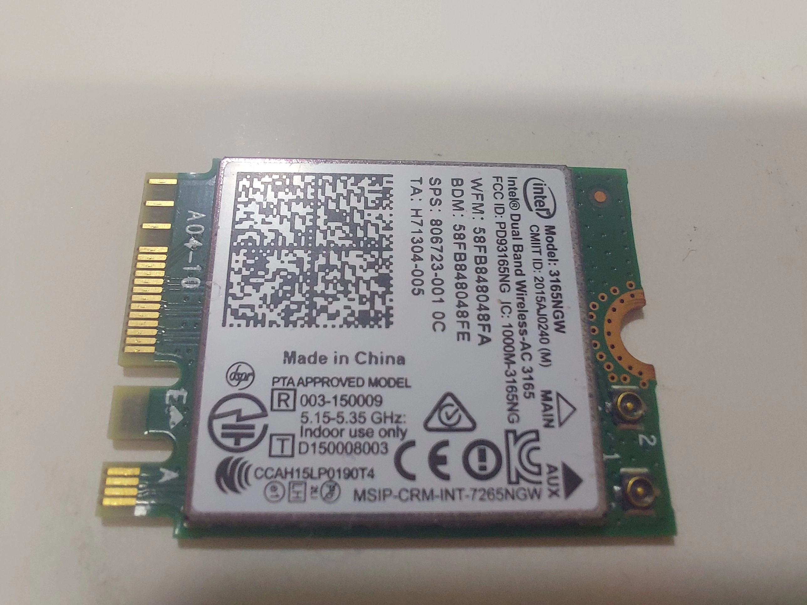 Intel 3165NGW Dual Band Wi‑fi + Bluetooth 4.0  Ağ Kartı – M.2 Ngff