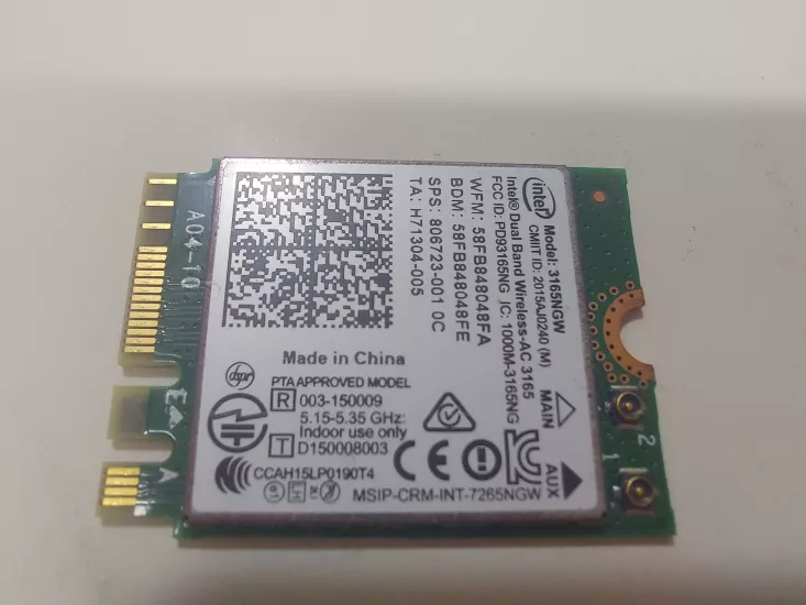 Intel 3165NGW Dual Band Wi‑fi + Bluetooth 4.0  Ağ Kartı – M.2 Ngff